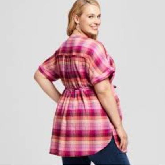 Isabel Maternity by Ingrid & Isabel Pink and Orange Plaid Button-Down Tunic - Picture 3 of 10